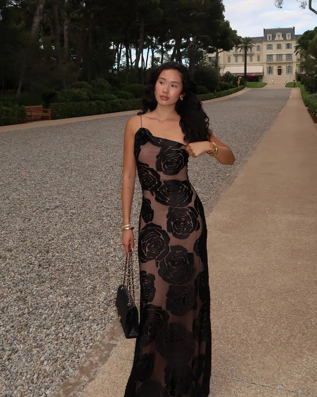 Mingmingxi Black Mesh Birthday Dress for Women 2024 One Shoulder Sexy Long Dress Slim Elegant Flower Wedding Guest Party Dresses