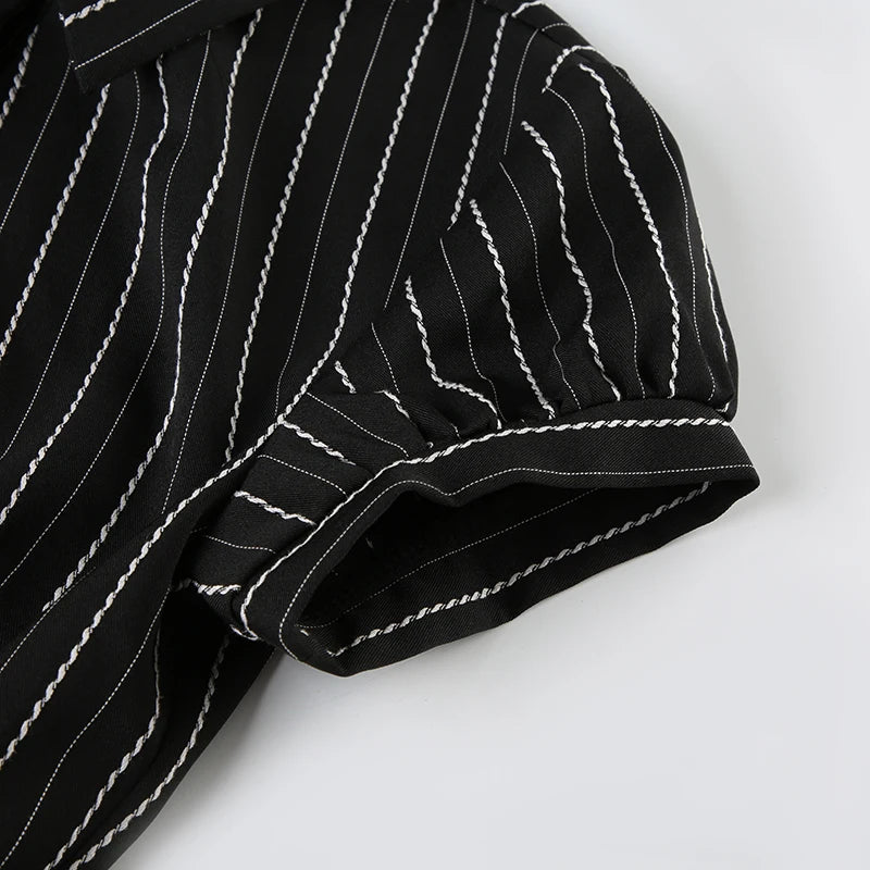 CIBBAR Black Striped Print Blouse Vintage 2000s Button Up Puff Short Sleeve Crop Top Women Korean Fashion T Shirt Streetwear y2k