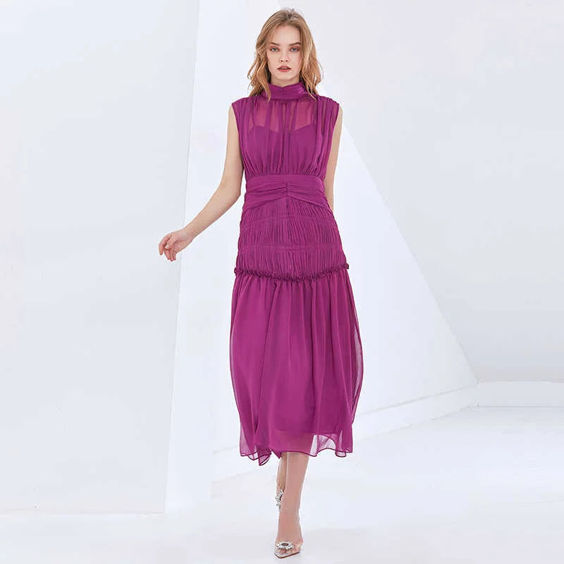 TWOTWINSTYLE Vintage Ruched Dress For Women Stand Collar Sleeveless High Waist Chiffon Midi Dresses Female 2022 Fashion New