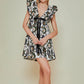 Women Vintage y2k Fairy Floral Print Mini Dress Boho V Neck Puff Sleeve Short Dress Bow Tie Flowy Dress Beach Holiday Sundress