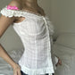 2024 New White Lace Tied Square Neck Summer T-shirts Chic Elegant Short Sleeve Tee Cotton Y2K Street Casual Bow Tie-up Top Women