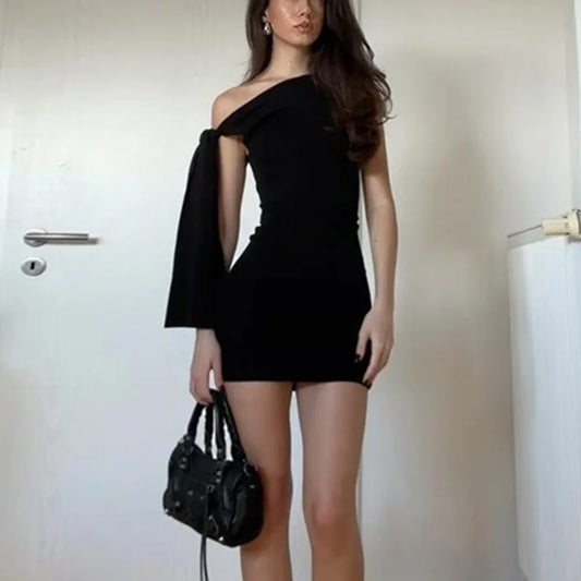Talenza Black One Shoulder Mini Dress Fashion Hot Girls Sexy Sleeveless Patchwork Bandage Short Dresses Women New Tight Dresses