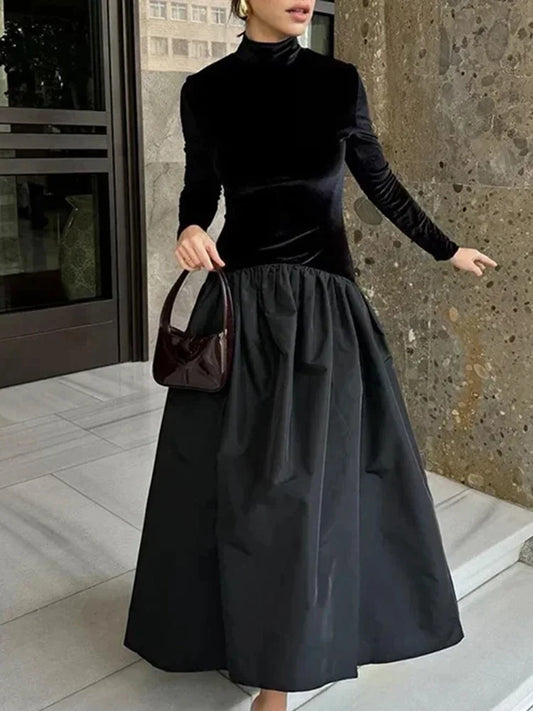 2025 New Lady Chic Party Gowns Elegant Women Velvet Long Sleeve Pleated Hem Robes Fashion Half High Collar Slim Fit Maxi Dress