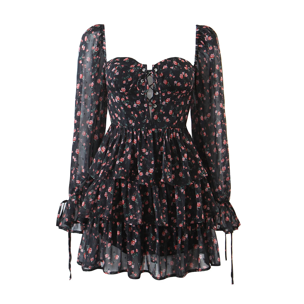 2022 Women Sexy Cross Bandage Black Flower Print Puff Long Sleeve Dress 3 layer Wood Ears Ruffles Hem Cake Mini Holiday Robe