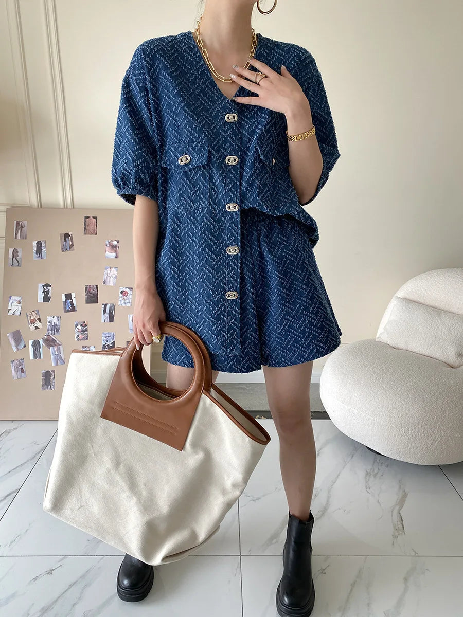 Women's Denim Short Sleeve Top and Shorts Two Piece Suit French Fashion Spring Summer Cowgirl Top Streetwear Korean Leisure New
