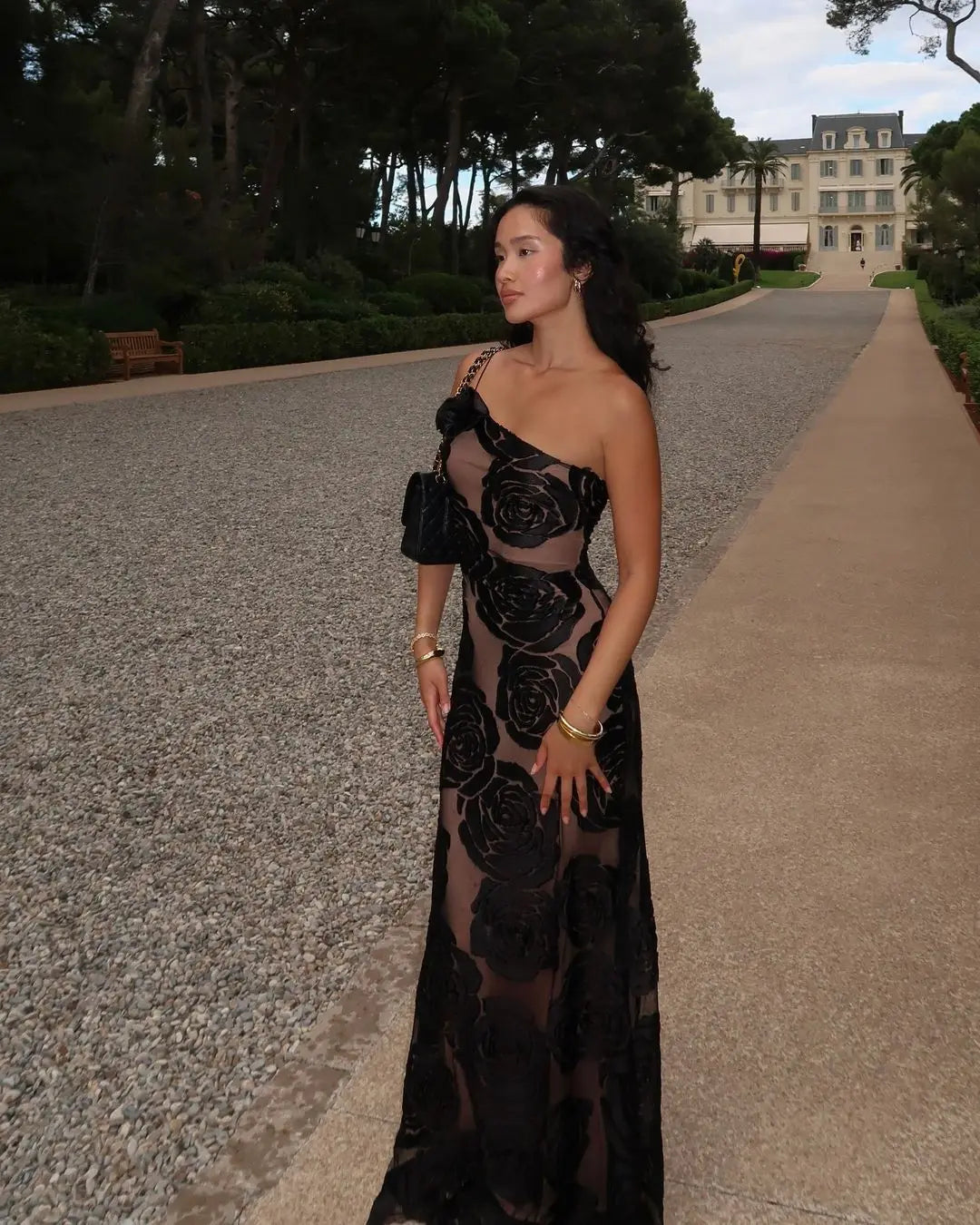 Mingmingxi Black Mesh Birthday Dress for Women 2024 One Shoulder Sexy Long Dress Slim Elegant Flower Wedding Guest Party Dresses