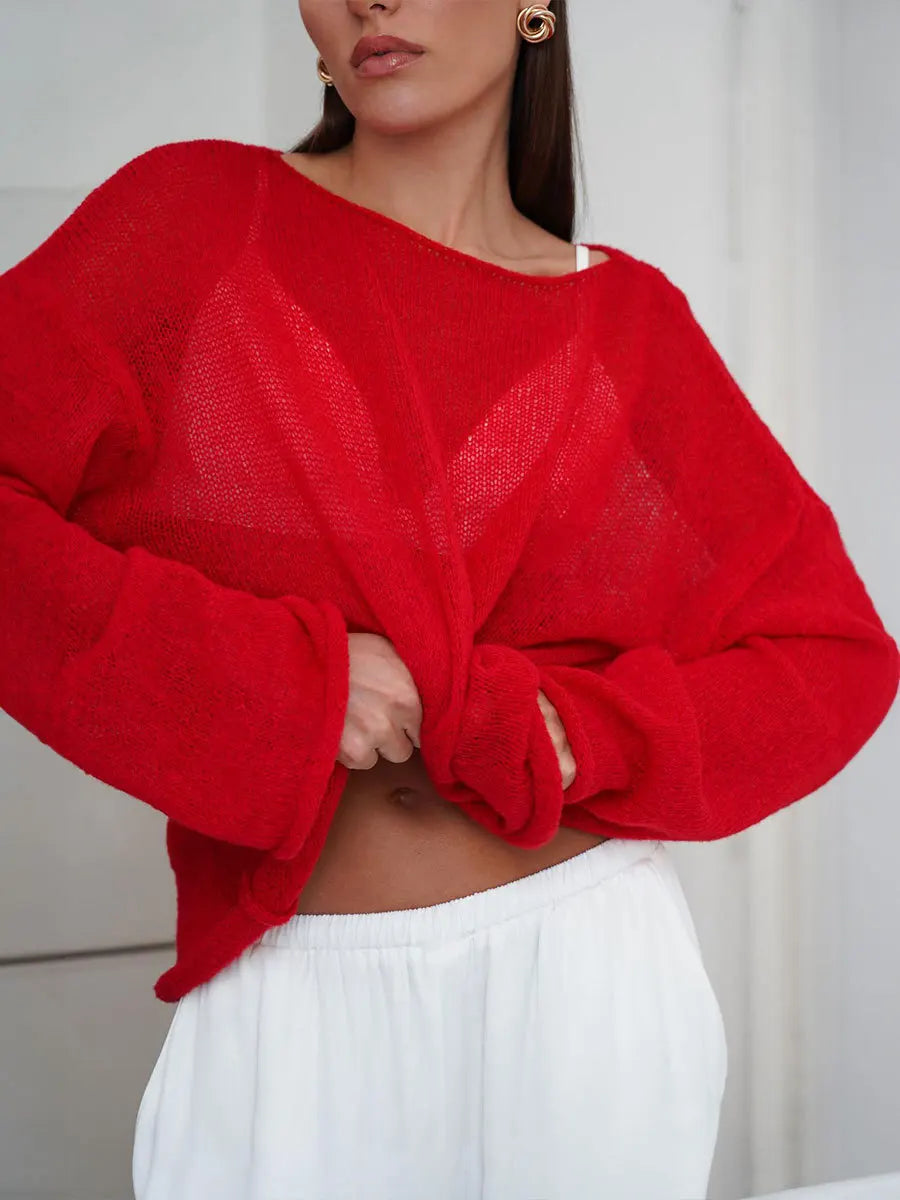 Original Fashion Hollow Out Knit Shirt Spring And Summer Women's Perspective Thin O-Neck Loose Elastic Long Sleeve Knit T-shirt