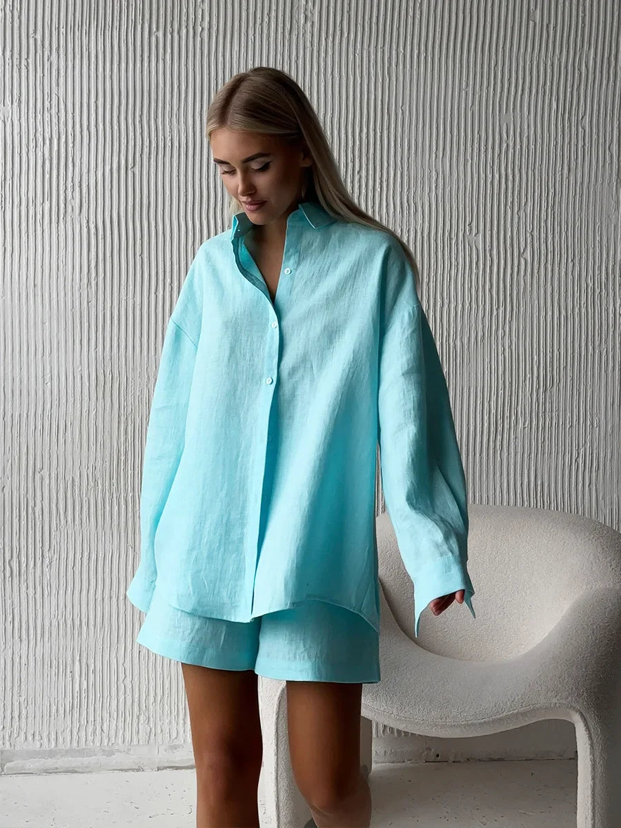 Wolfeel Women's Casual Shorts Sets 100% Cotton Solid Color Cozy Lapel Long Sleeve Shirt Summer New Elastic Waist Shorts Suits