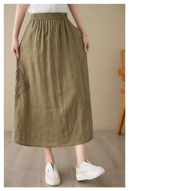 High Waist Casual Embroidery Skirts Women New Arrival 2024 Summer Vintage Style Solid Cotton Linen Female A-line Long Skirt