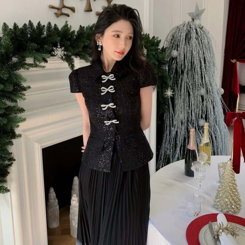 Luxury Tweed Dresses Women 2025 Summer Holiday Big Bow Crystal Fake 2 Piece Sets Sequins Chiffon Long Dress Party Vestidos Prom