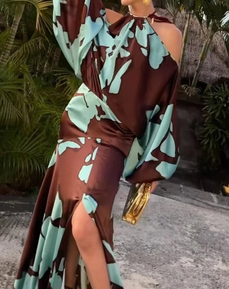 Evening Dresses  Vacation Style Elegant Socialite Printed Off Shoulder Slit Dress