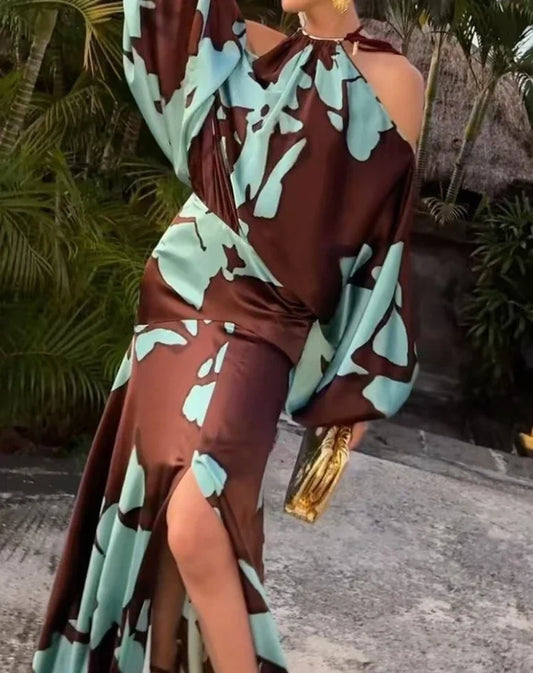 Evening Dresses  Vacation Style Elegant Socialite Printed Off Shoulder Slit Dress