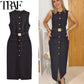 TRAF Women's Black Dress Summer 2025 Sleeveless Elegant Formal Dresses For Women Belt Vest Long Dress Button Casual Dresses
