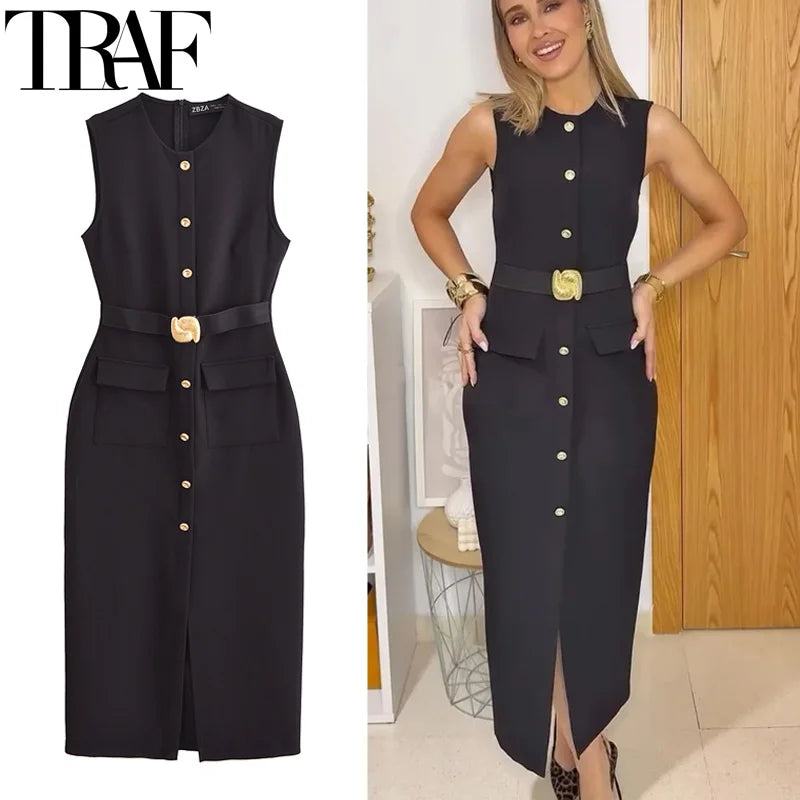 TRAF Women's Black Dress Summer 2025 Sleeveless Elegant Formal Dresses For Women Belt Vest Long Dress Button Casual Dresses
