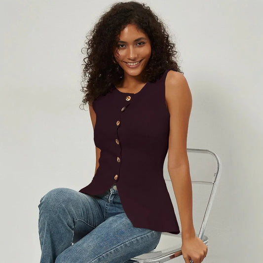 Slim Fit Knitted Vest Single Button Women's Style Cross-Border Clothing Crew Neck Tank Top Fashionable And Stylish