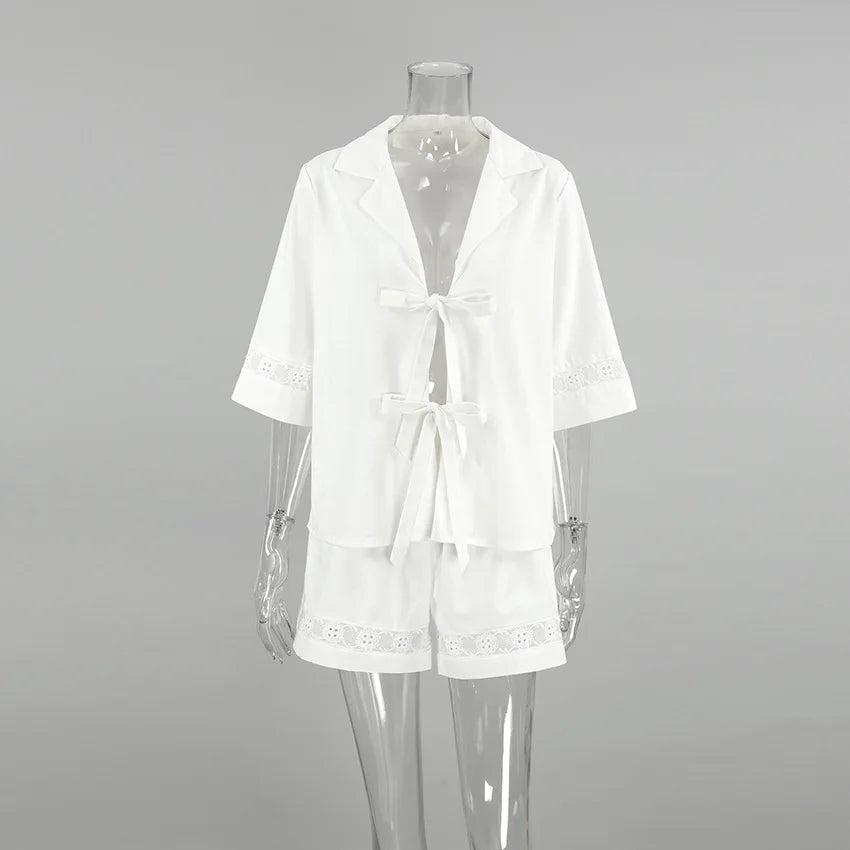 TARUXY Fashion White Cotton Linen Hollow Out Lace Up Top And Short Pants Suit Women's Loose Top Casual Splice Sets Lady Summer