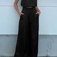 Women's Two Piece Pants Sets Open Navel Outfit Silk Pleated Texture Sleeveless Top Wide Leg Pants Set Summer Matching Sets 2024