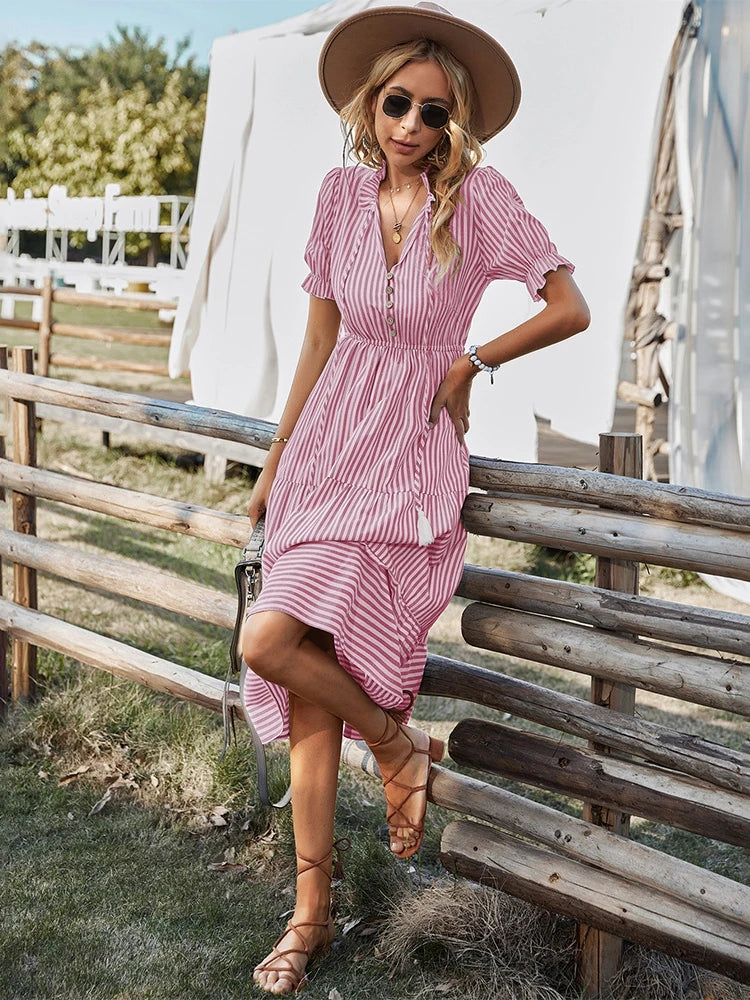 Women's Causal Striped Tassel Medium Long Dress V Neck Button Short Sleeve Spring Summer Dress