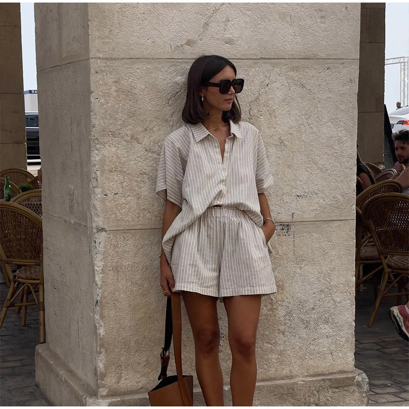Women Casual Striped Cotton Linen Loose Shirt Shorts Suits Fashion Lapel Half Sleeves Elastic Waisted Shorts Summer Lady Outfits