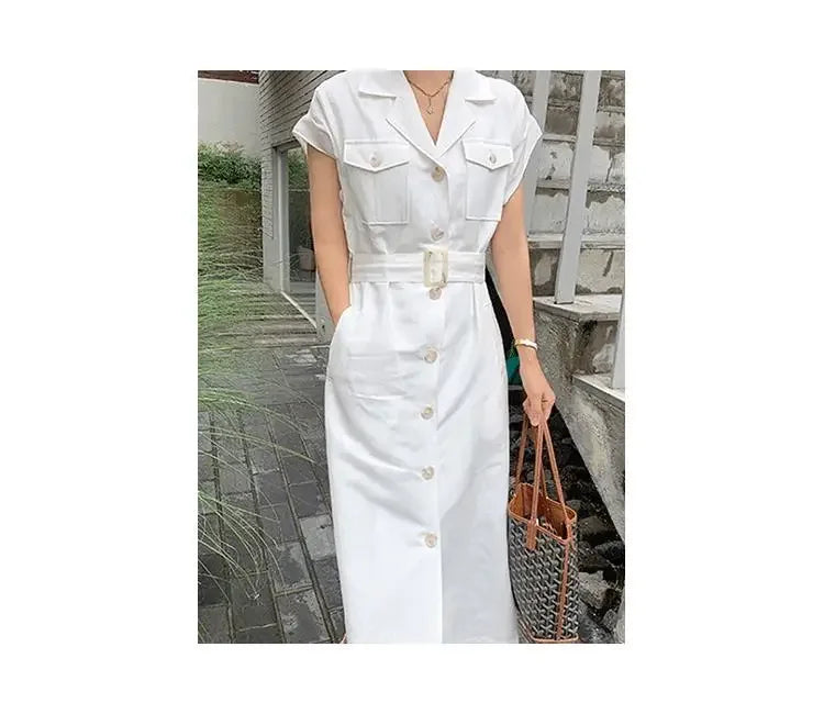 Korean Chic Retro Stand Collar Multi-Pocket Design Ring Buckle Waist Cinching Short Sleeve Dress with Belt Women's Dress