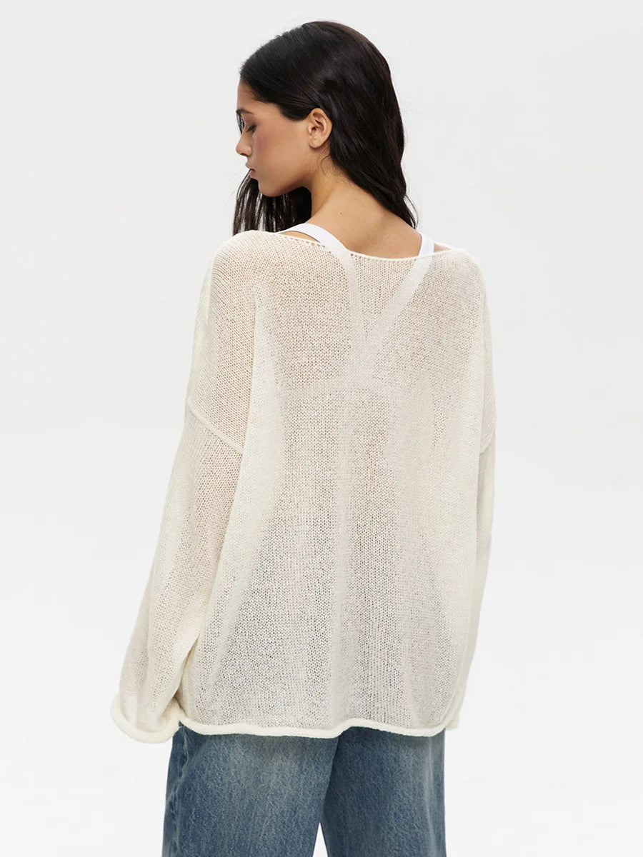 Original Fashion Hollow Out Knit Shirt Spring And Summer Women's Perspective Thin O-Neck Loose Elastic Long Sleeve Knit T-shirt