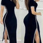 Womens Dresses Spring Fashion Striped High Slit Casual 0-Neck Short Sleeve Daily Skinny Maxi A-Line Dress Woman Clothing