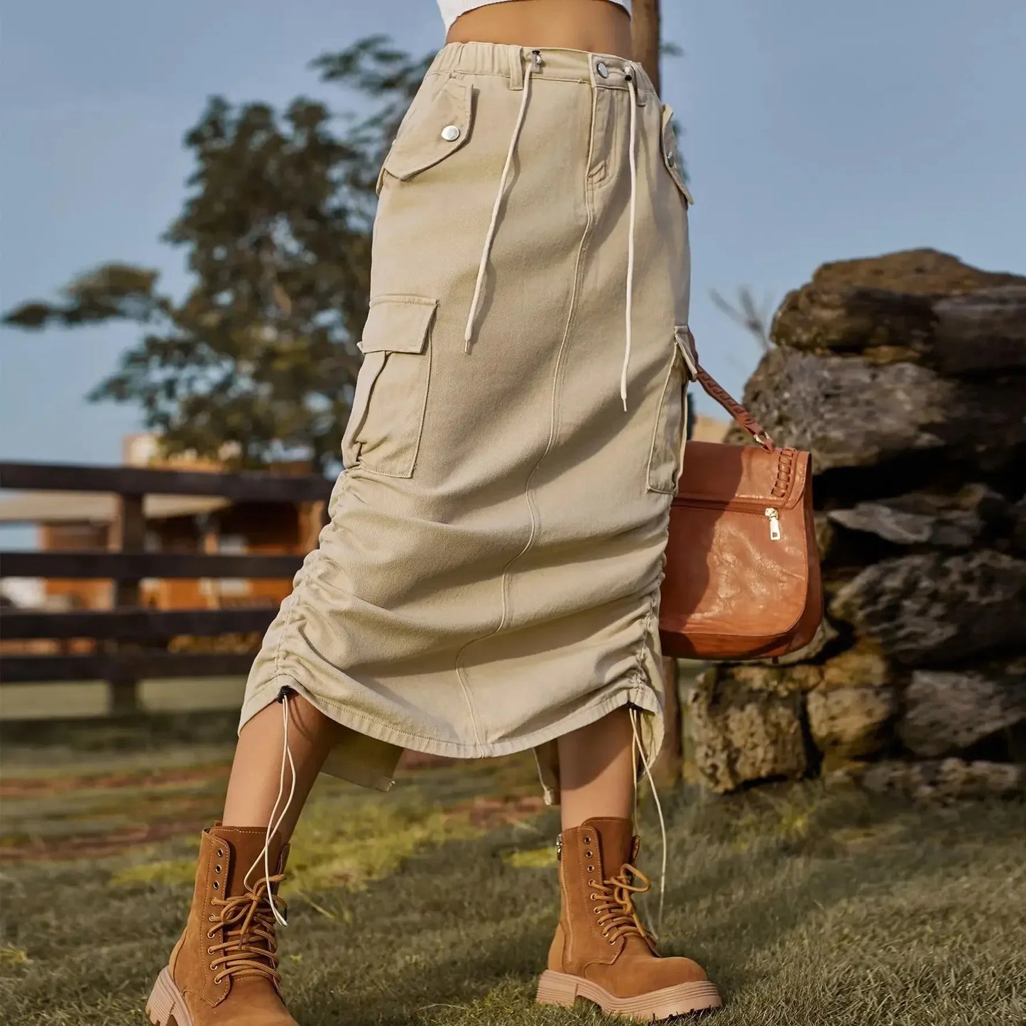 Leisure elastic waist work dress, fashionable women's mid length skirt