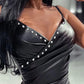 Sexy Nightout Black Dresses for Women Spaghetti Strap V-Neck Ruched Beaded PU Leather Bodycon Dress Sexy & Club Female Clothing