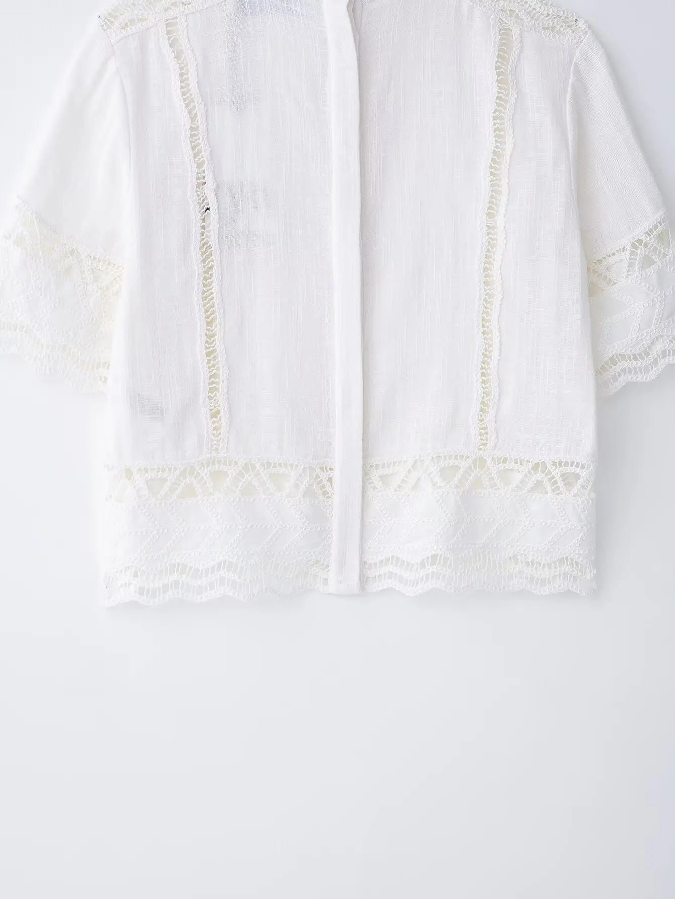 TRAFZA Women Fashion O-Neck Crocheting Details White Skirt Suit Short-sleeve Blouse+Side Zipper White Pleated Midi Se Long Skirt