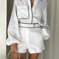 Bornladies 100% Cotton Casual Fashion Long Sleeve Set Summer Women's Pocket Black White Chic Shirt Shorts Loose Two-piece Set