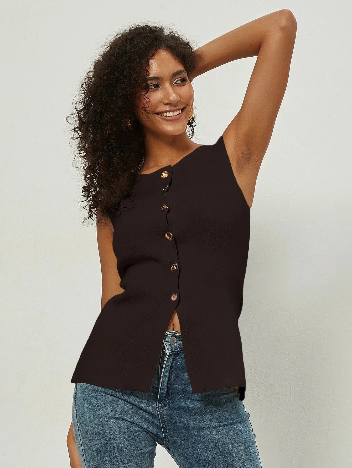 Slim Fit Knitted Vest Single Button Women's Style Cross-Border Clothing Crew Neck Tank Top Fashionable And Stylish