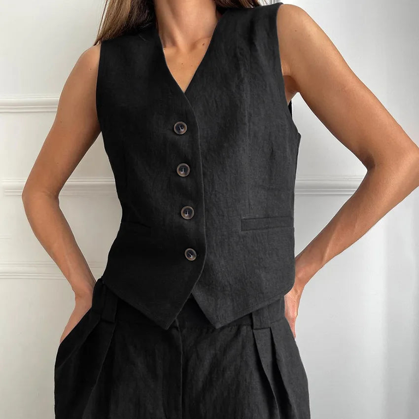 Cotton Linen Blend Vest Wide Leg Pants Suit Spring and Summer Women's Casual Fashion Sleeveless Vest Pleated Low Waist Pants Set
