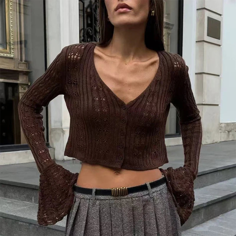 Trendix Summer Knit Long Sleeve Cardigan For Women V Neck Solid Bodycon Hollow Out Short Tops Party Club Slim Vacation Top Femme