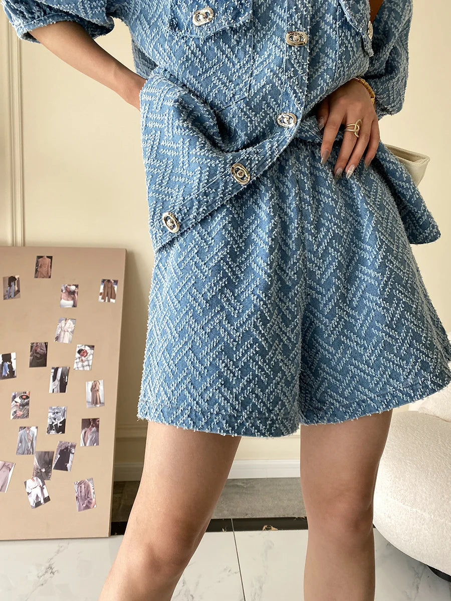 Women's Denim Short Sleeve Top and Shorts Two Piece Suit French Fashion Spring Summer Cowgirl Top Streetwear Korean Leisure New