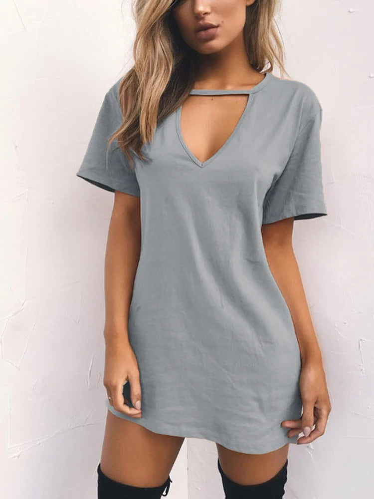 Summer Sexy Mini Black Dress 2025 V Neck Cut Out Loose Dress Women Elegant Short Sleeve Club Party Dress Solid Color Streetwear