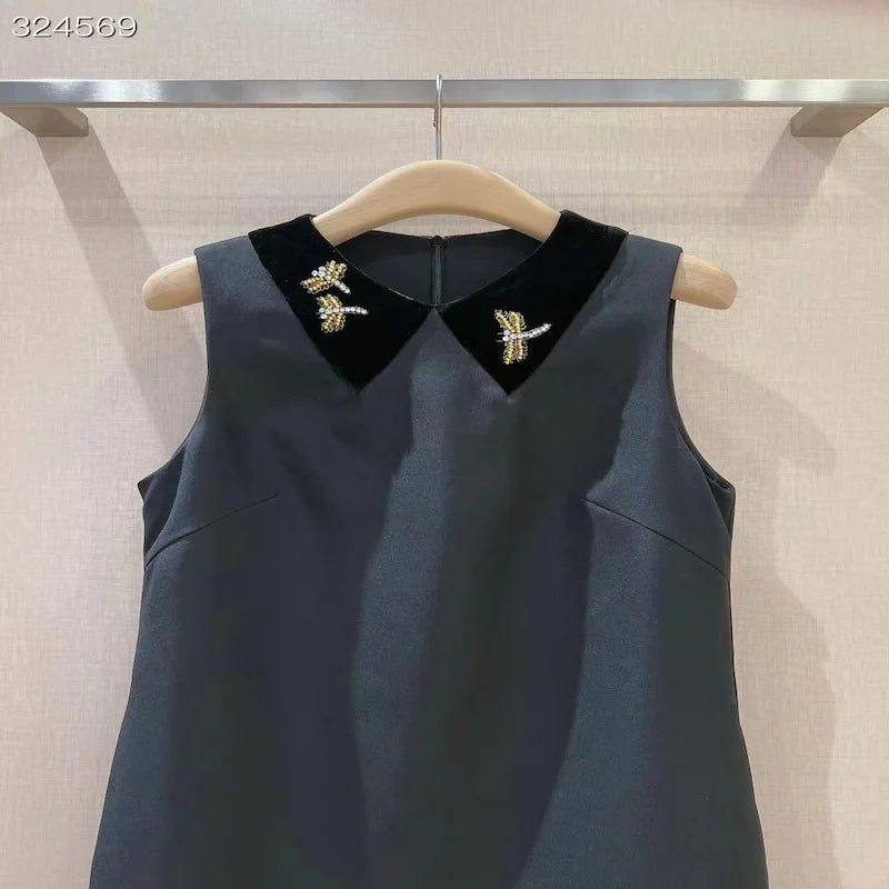 Fyion 2024 New Runway Design Summer Sleeveless Black Dress Women Beading Sexy Ladies Hot Sale Party Knee-Length Vestidos