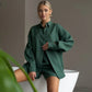 Wolfeel Women's Casual Shorts Sets 100% Cotton Solid Color Cozy Lapel Long Sleeve Shirt Summer New Elastic Waist Shorts Suits