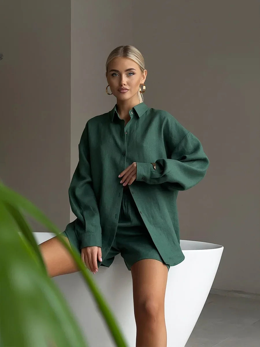Wolfeel Women's Casual Shorts Sets 100% Cotton Solid Color Cozy Lapel Long Sleeve Shirt Summer New Elastic Waist Shorts Suits