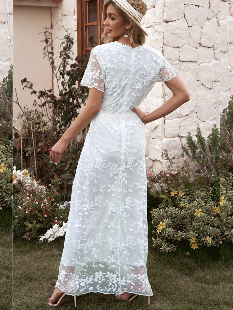 Embroidery Boho Long Dress Women Elegant Hollow Out Lace Holiday Beach Dress Female Fashion V Neck Short Sleeve Maxi Dress 2023