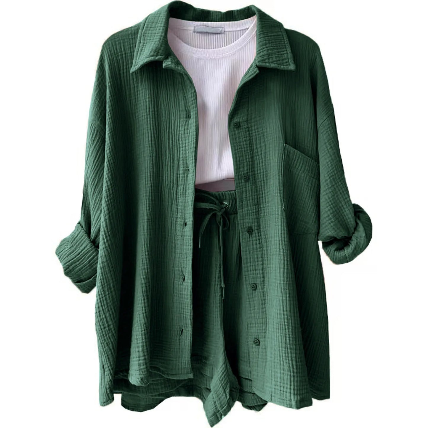 Summer Cotton Linen High Waist Shirt Shorts Women Turn Down Collar Long Sleeve Tops and Shorts Suit Cotton Casual Two Piece Sets