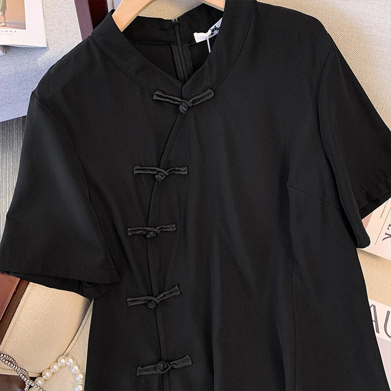 Plus size women's summer casual dress Chinese style modified cheongsam tray buckle decoration slit hem black polyester fabric