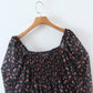2022 Women Sexy Cross Bandage Black Flower Print Puff Long Sleeve Dress 3 layer Wood Ears Ruffles Hem Cake Mini Holiday Robe