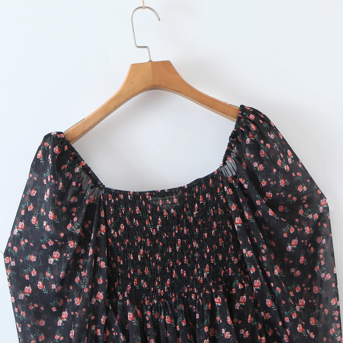 2022 Women Sexy Cross Bandage Black Flower Print Puff Long Sleeve Dress 3 layer Wood Ears Ruffles Hem Cake Mini Holiday Robe