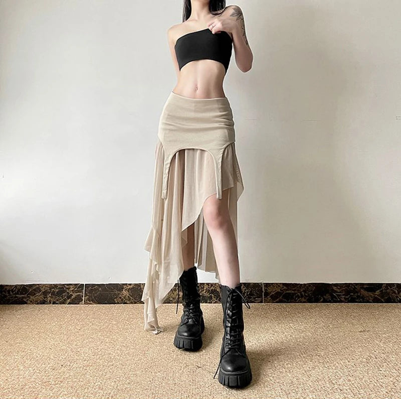 Zoki Sexy Irregular Y2K Skirts Women Vintage American High Waist Slim Slit Long Skirt Casual Lady Streetwear Retro Summer Skirts