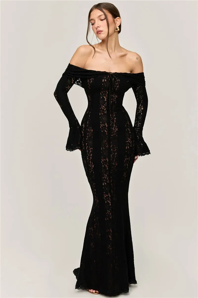 Oligai Winter Lace Long Sleeve Evening Party Dresses Women 2025 Black Sexy Elegant Maxi Dress Fashion Long Wedding Guest Dress