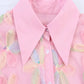 PB&ZA 2025 Women's Pink Short - length Blouse with Colorful Floral Embroidery Puff Sleeves and Collar for a Sweet Look