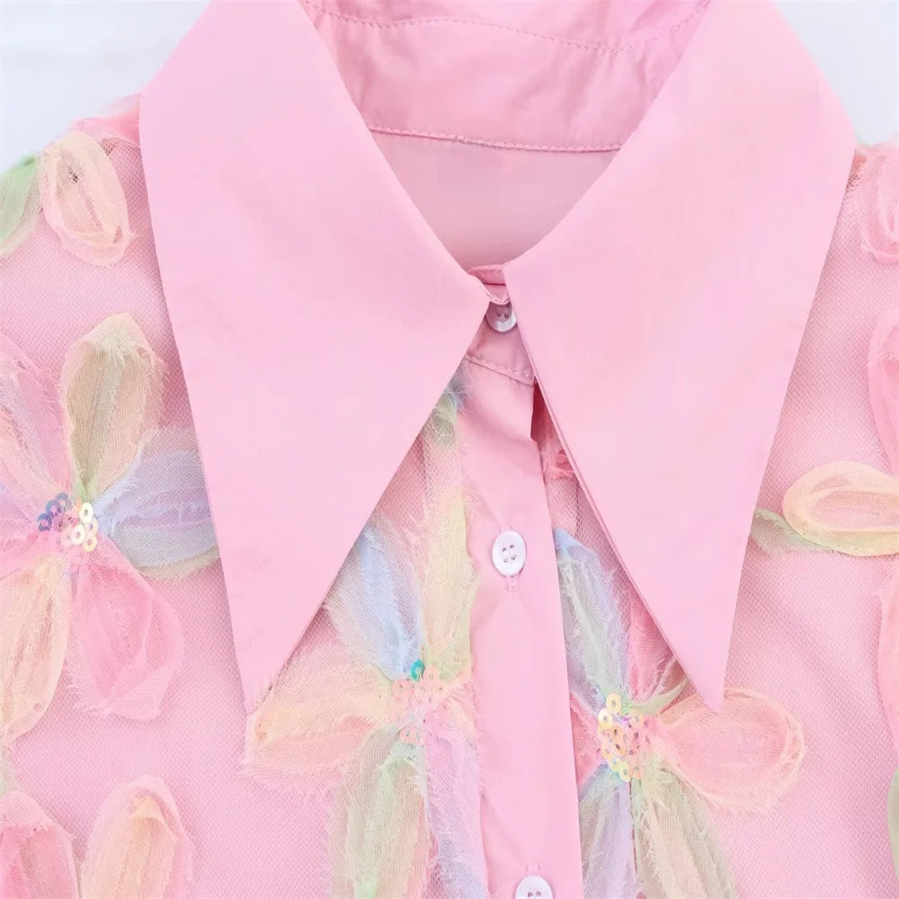 PB&ZA 2025 Women's Pink Short - length Blouse with Colorful Floral Embroidery Puff Sleeves and Collar for a Sweet Look