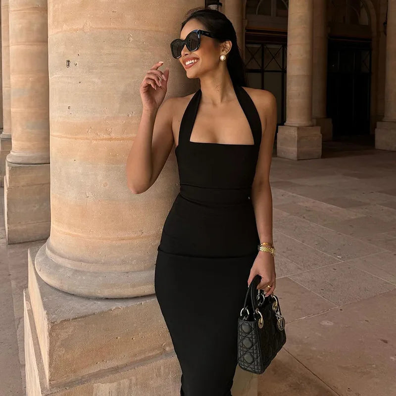 TARUXY One-Shoulder Bodycon Black Evening Dress For Women Sexy Backless Sleeveless Neck-Mounted Long Party Dress Female Elegant