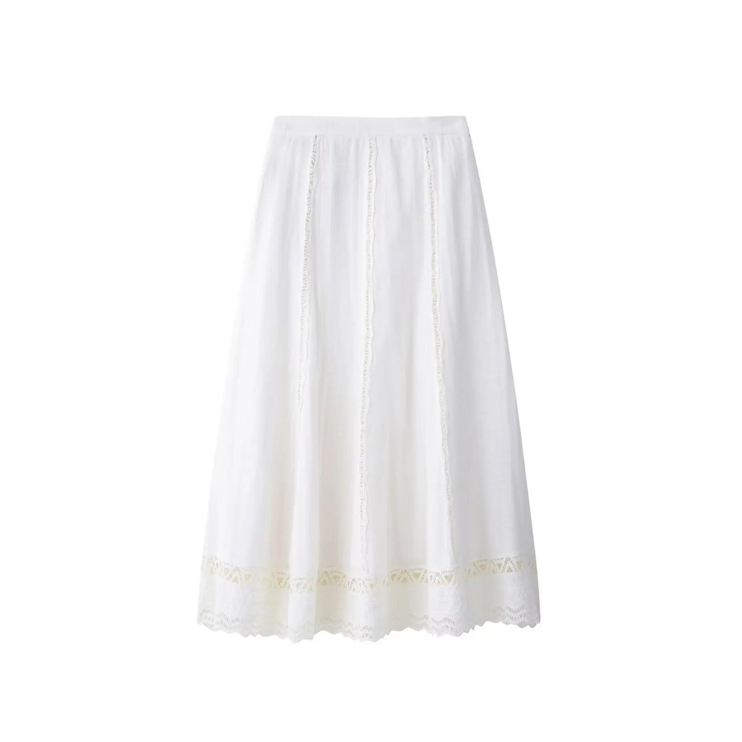 TRAFZA Women Fashion O-Neck Crocheting Details White Skirt Suit Short-sleeve Blouse+Side Zipper White Pleated Midi Se Long Skirt