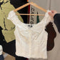 2024 New White Lace Tied Square Neck Summer T-shirts Chic Elegant Short Sleeve Tee Cotton Y2K Street Casual Bow Tie-up Top Women